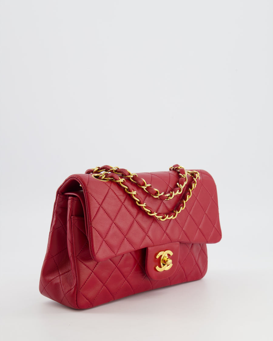 Chanel Vintage Small Classic Double Flap Bag in Red Lambskin Leather with 24K Gold Hardware