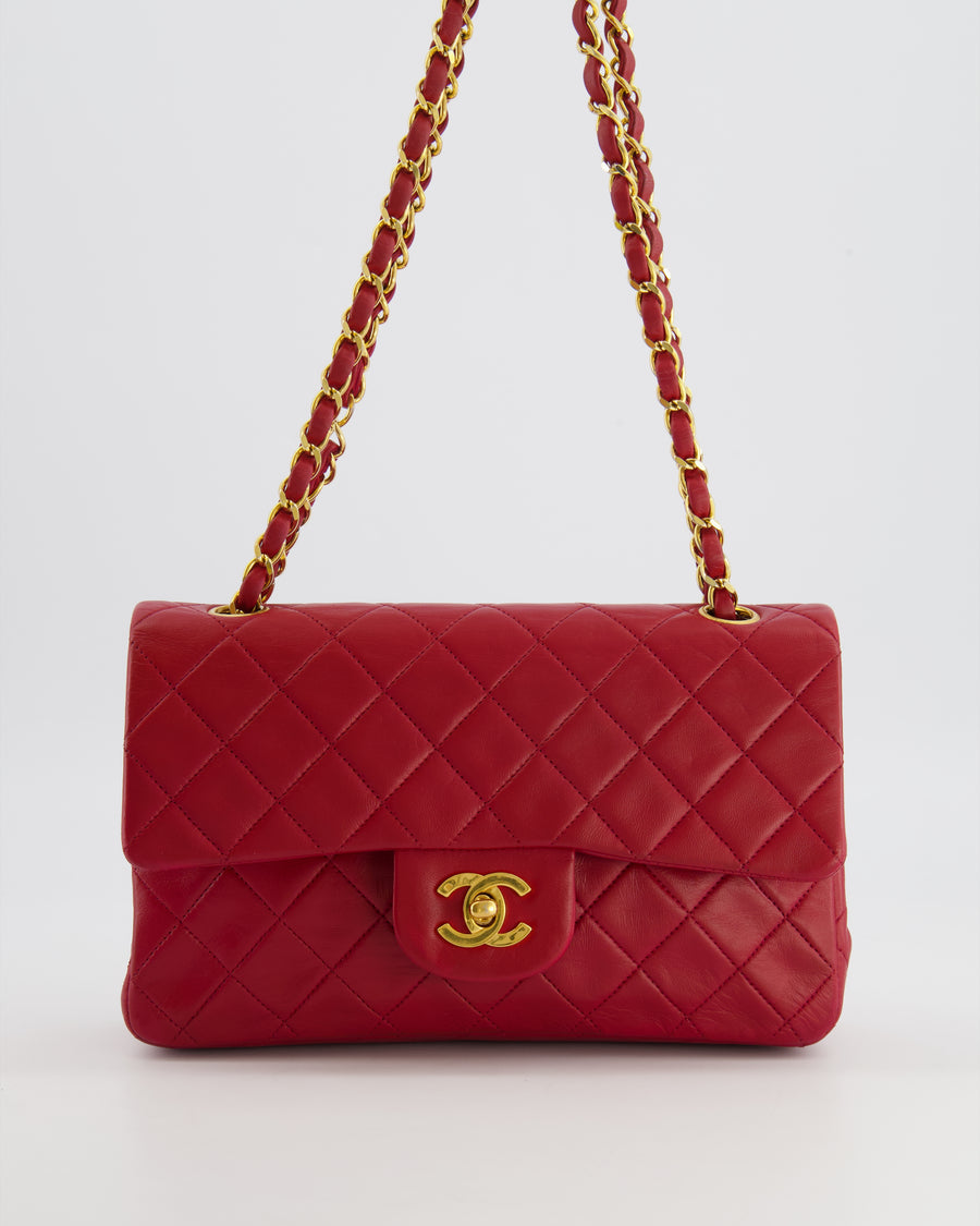 Chanel Vintage Small Classic Double Flap Bag in Red Lambskin Leather with 24K Gold Hardware