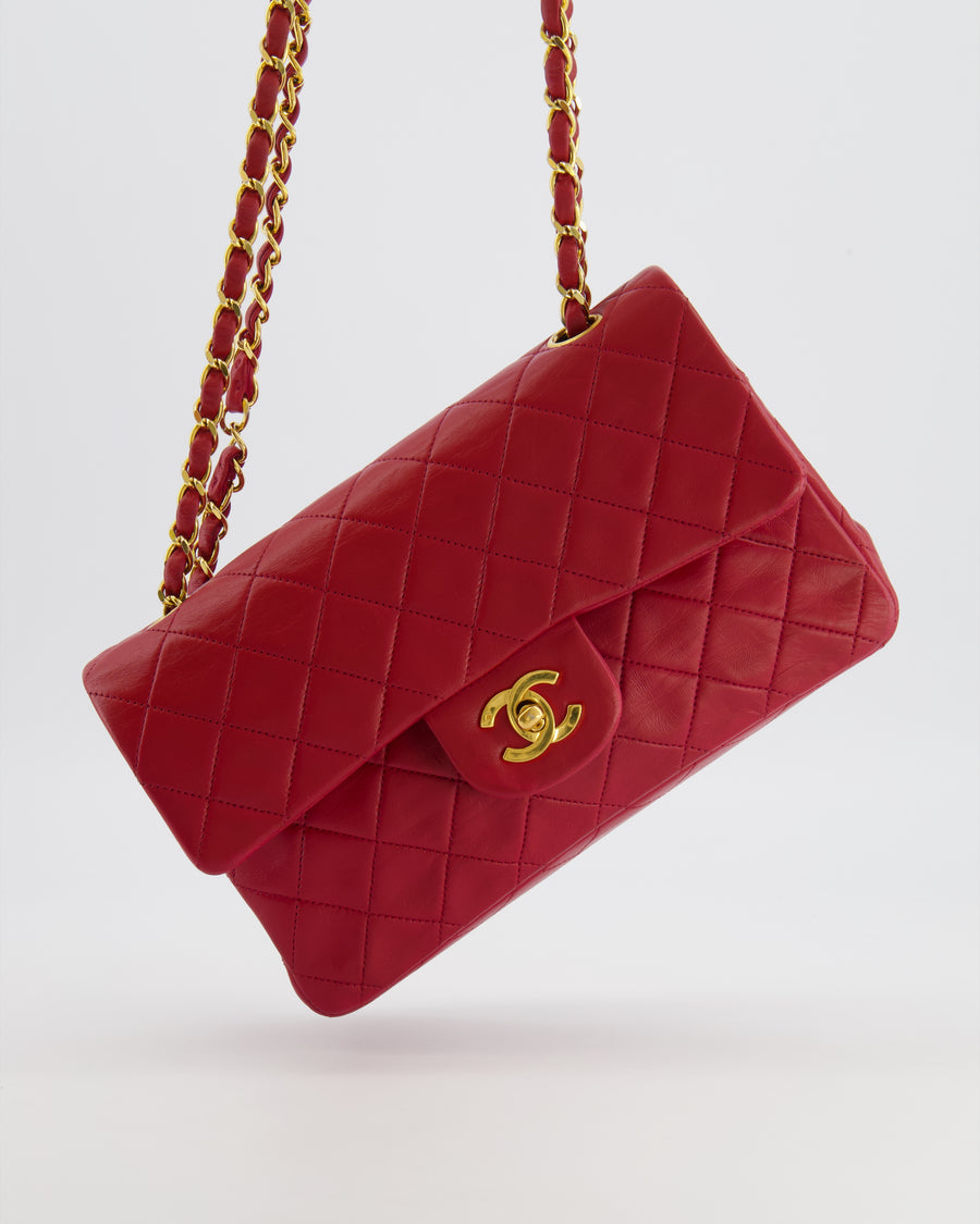 Chanel Vintage Small Classic Double Flap Bag in Red Lambskin Leather with 24K Gold Hardware