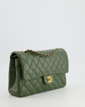 Chanel Medium Classic Double Flap Bag in Olive Green Lambskin Leather with Gold Hardware