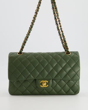 Chanel Medium Classic Double Flap Bag in Olive Green Lambskin Leather with Gold Hardware
