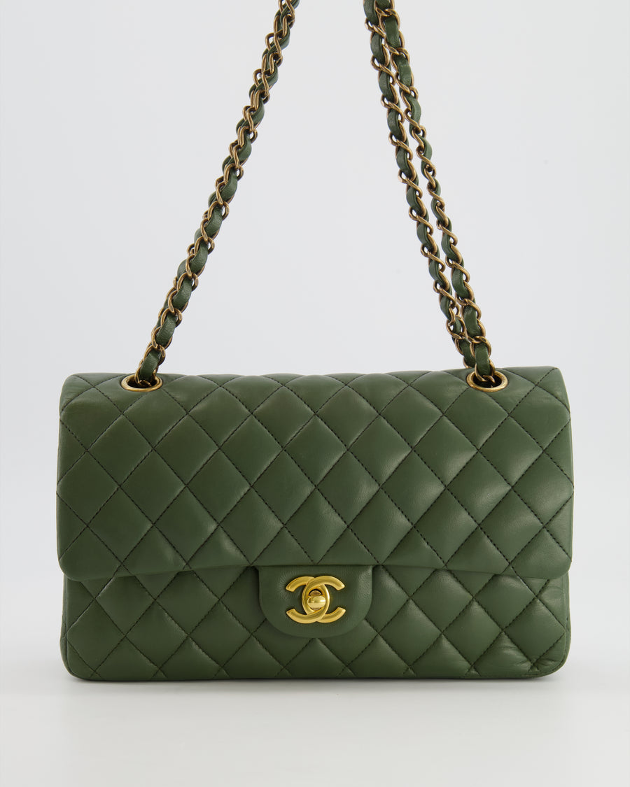 Chanel Medium Classic Double Flap Bag in Olive Green Lambskin Leather with Gold Hardware