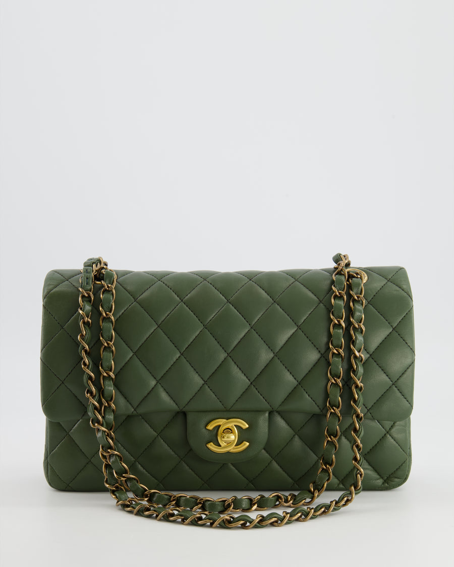 Chanel Medium Classic Double Flap Bag in Olive Green Lambskin Leather with Gold Hardware