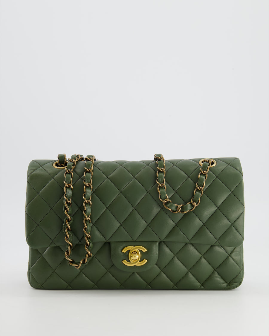 Chanel Medium Classic Double Flap Bag in Olive Green Lambskin Leather with Gold Hardware