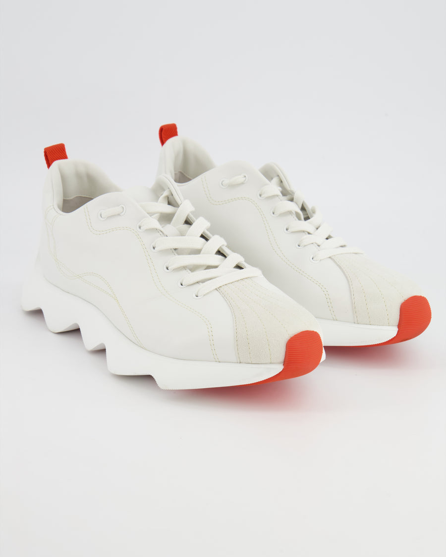Hermès White Letaher and Suede Envol Trainers with Orange Details Size EU 40.5