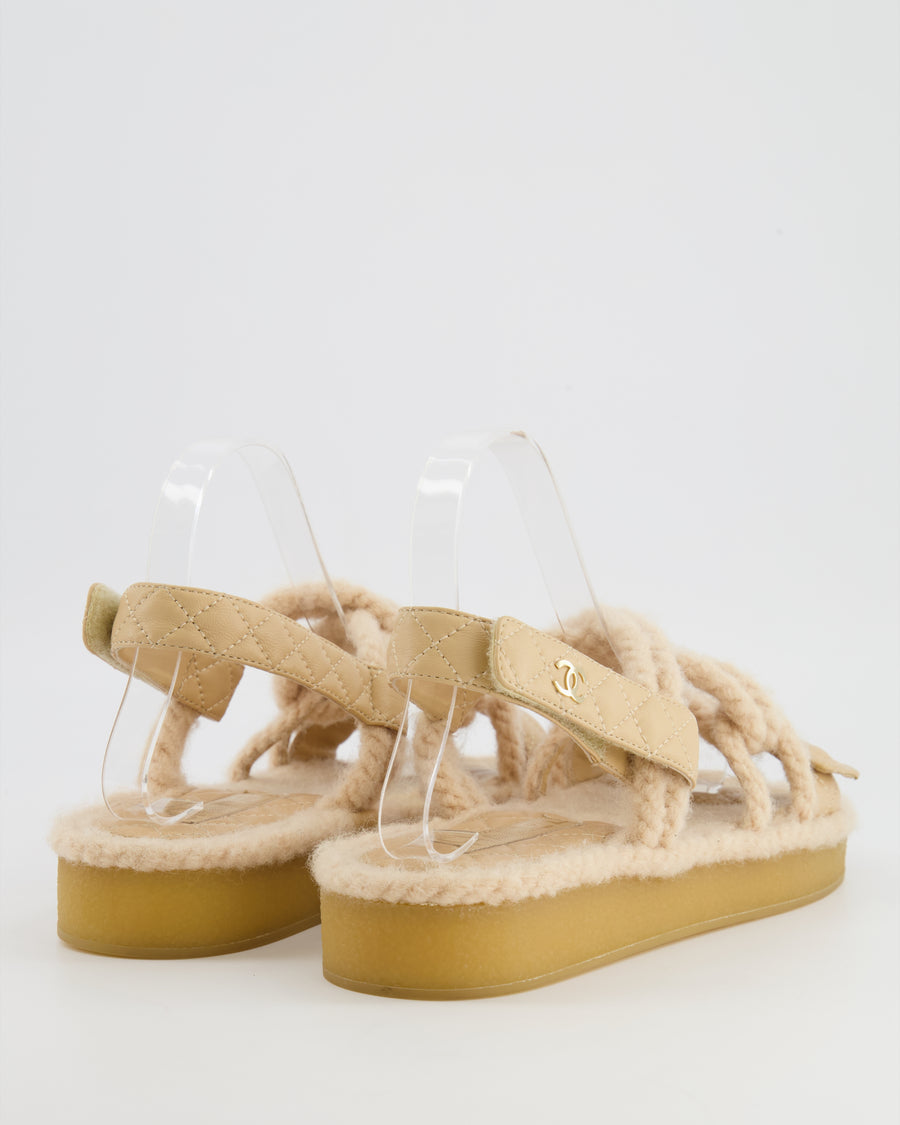 Chanel Beige Dad Sandals in Quilted Lambskin Leather and Rope with Gold Logo Details Size EU 40