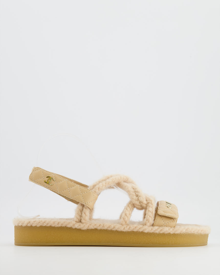 Chanel Beige Dad Sandals in Quilted Lambskin Leather and Rope with Gold Logo Details Size EU 40