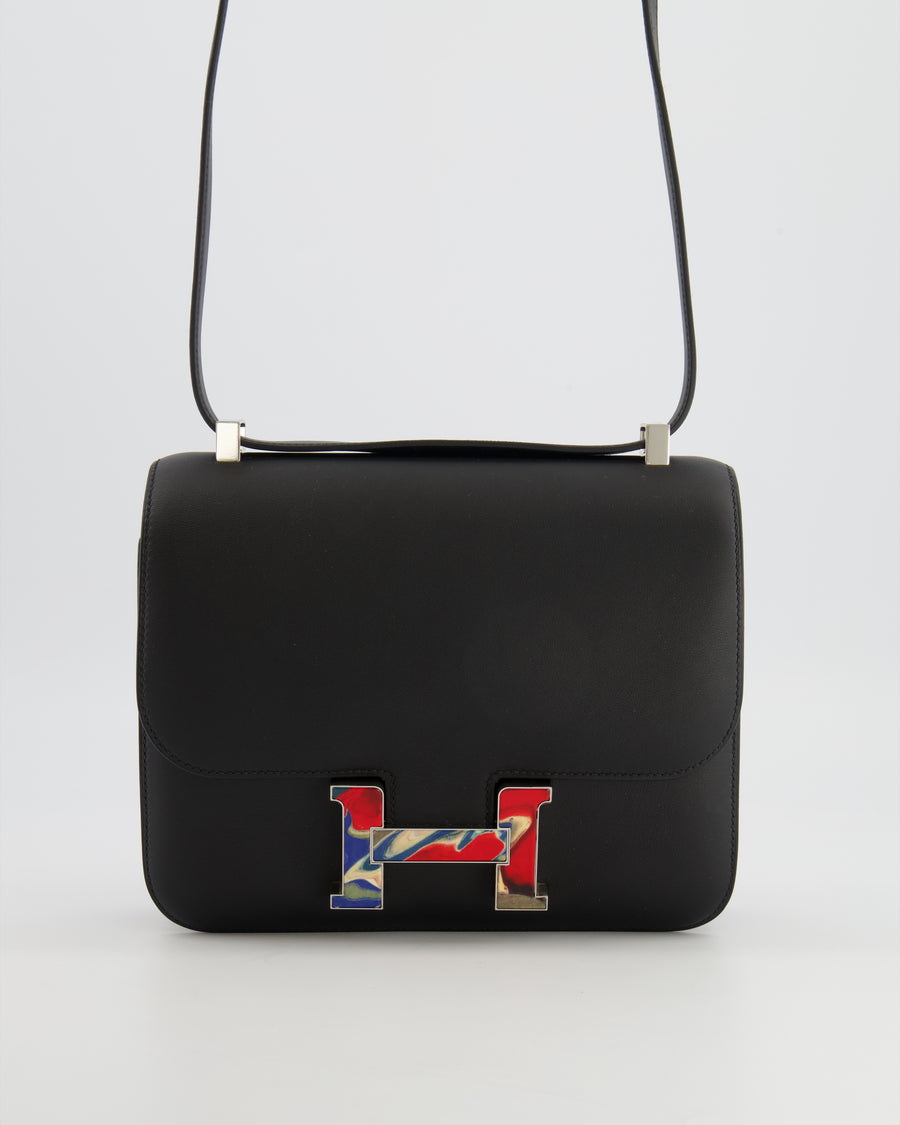 *LIMITED EDITION* Hermès Constance 24 Bag in Noir Swift Leather with Red, Blue and Beige Marbled Palladium Hardware