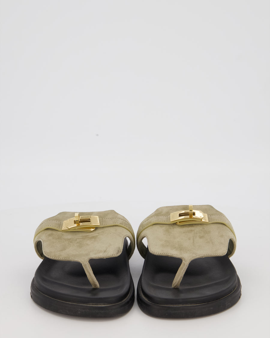 Hermès Empire Sandals in Vert Mosaque Suede Leather with Gold Hardware