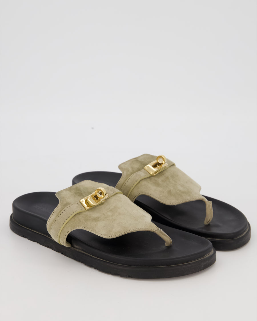 Hermès Empire Sandals in Vert Mosaque Suede Leather with Gold Hardware