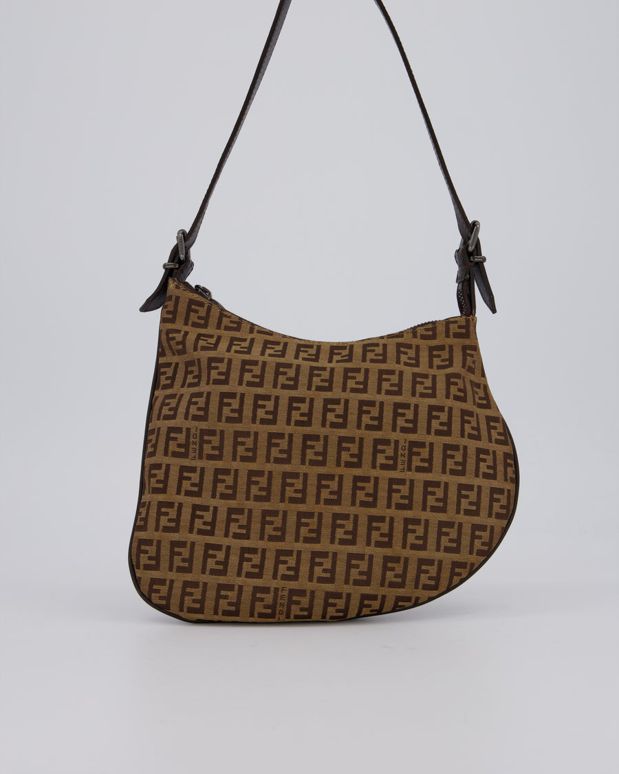 Fendi Vintage Zucchino Oyster Shoulder Bag in Brown & Beige Monogram Canvas and Leather with Silver Hardware