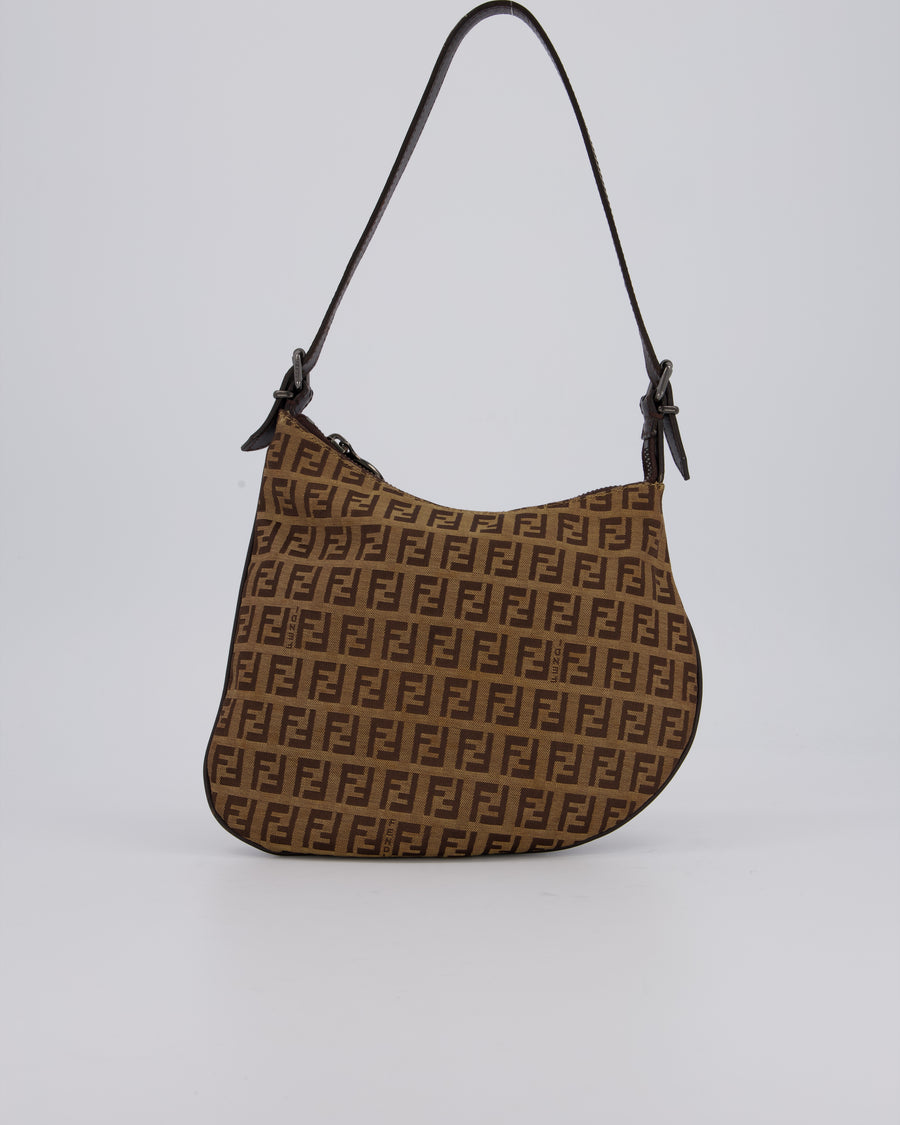 Fendi Vintage Zucchino Oyster Shoulder Bag in Brown & Beige Monogram Canvas and Leather with Silver Hardware