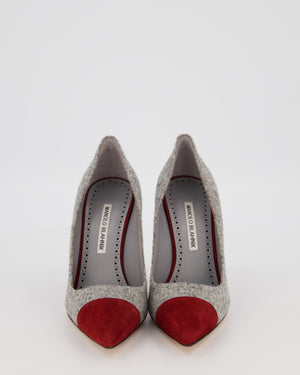 Manolo Blahnik Grey Tweed Bipunta 105 Heels with Burgundy Suede Toe Size EU 37
