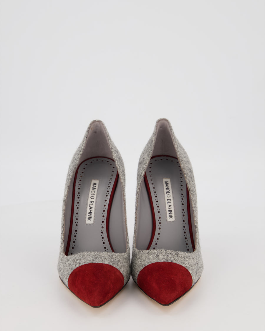 Manolo Blahnik Grey Tweed Bipunta 105 Heels with Burgundy Suede Toe Size EU 37