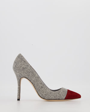 Manolo Blahnik Grey Tweed Bipunta 105 Heels with Burgundy Suede Toe Size EU 37