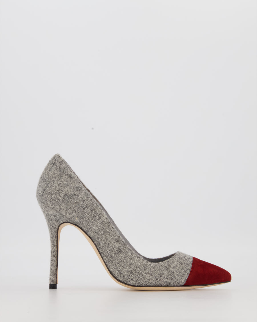 Manolo Blahnik Grey Tweed Bipunta 105 Heels with Burgundy Suede Toe Size EU 37