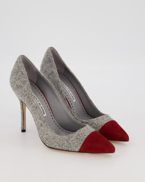 Manolo Blahnik Grey Tweed Bipunta 105 Heels with Burgundy Suede Toe Size EU 37