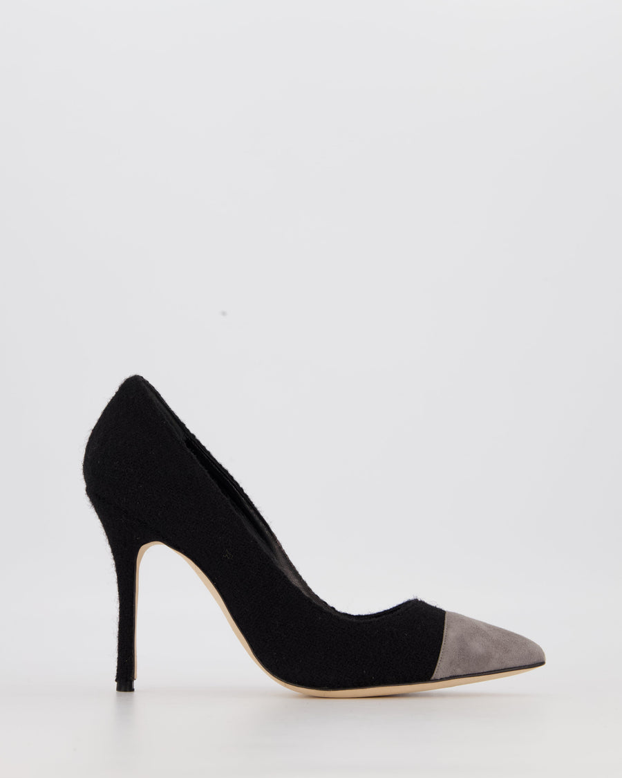 Manolo Blahnik Black Tweed Bipunta 105 Heels with Grey Suede Toe Size EU 37