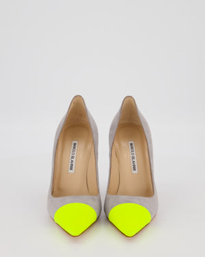 Manolo Blahnik Grey Suede Bipunta 105 Heels with Yellow Patent Toe Size EU 37.5