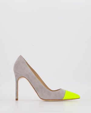 Manolo Blahnik Grey Suede Bipunta 105 Heels with Yellow Patent Toe Size EU 37.5