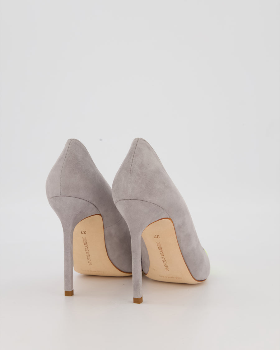 Manolo Blahnik Grey Suede Bipunta 105 Heels with Yellow Patent Toe Size EU 37.5