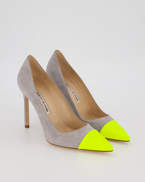 Manolo Blahnik Grey Suede Bipunta 105 Heels with Yellow Patent Toe Size EU 37.5