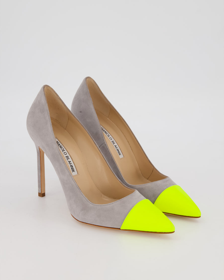 Manolo Blahnik Grey Suede Bipunta 105 Heels with Yellow Patent Toe Size EU 37.5
