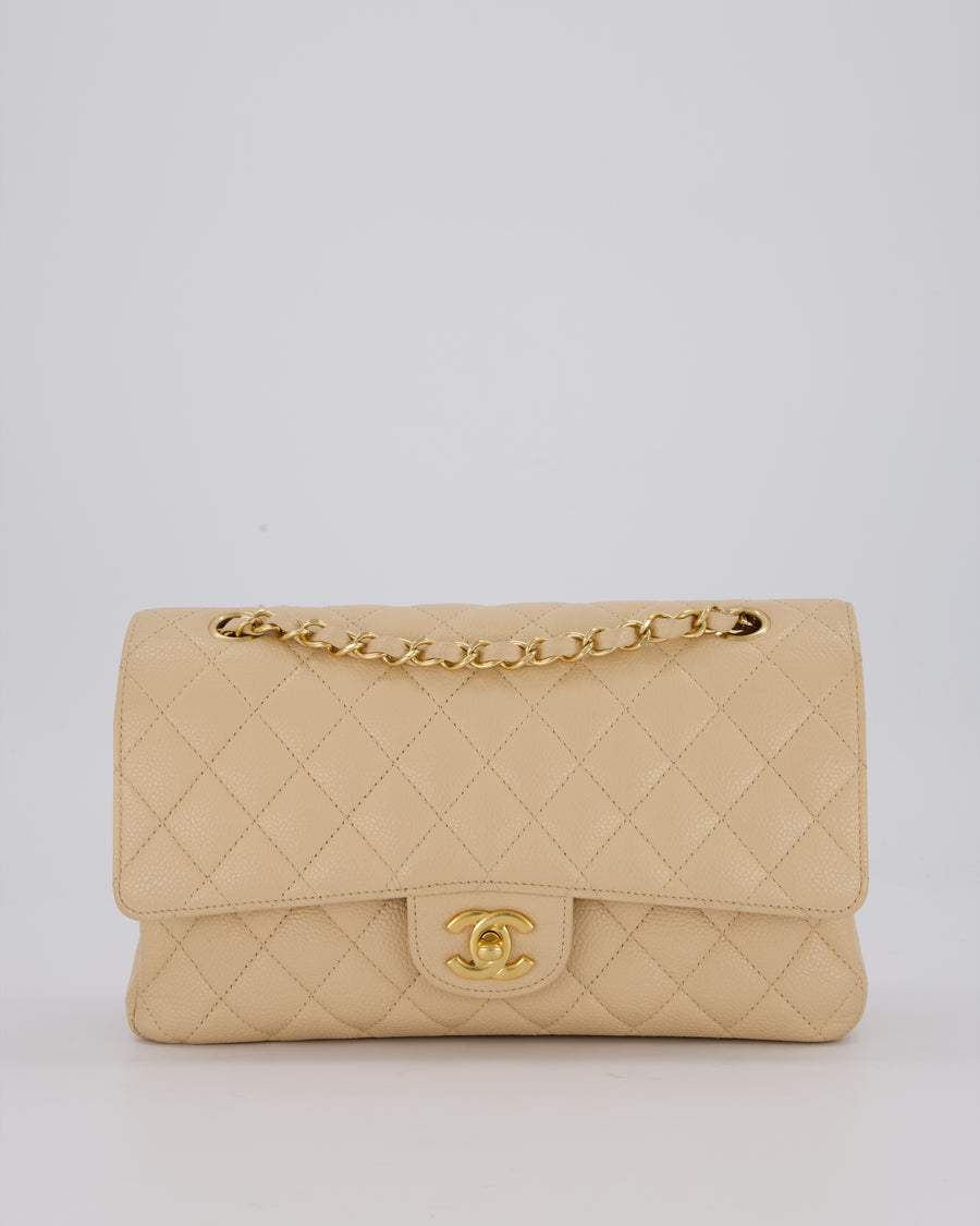 Chanel Beige Classic Medium Double Flap Bag in Caviar Leather with Gold Hardware