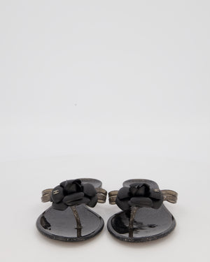 Chanel Black Camellia Flip Flops with Glitter Detail Size EU 39