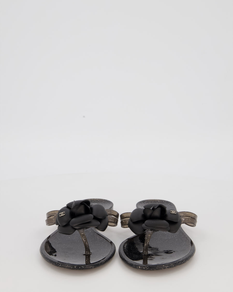 Chanel Black Camellia Flip Flops with Glitter Detail Size EU 39
