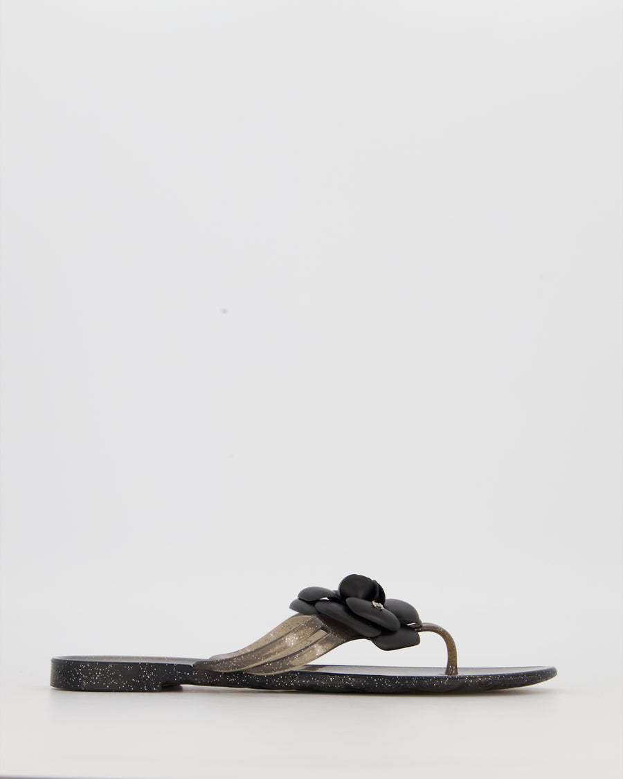 Chanel Black Camellia Flip Flops with Glitter Detail Size EU 39