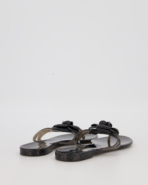 Chanel Black Camellia Flip Flops with Glitter Detail Size EU 39