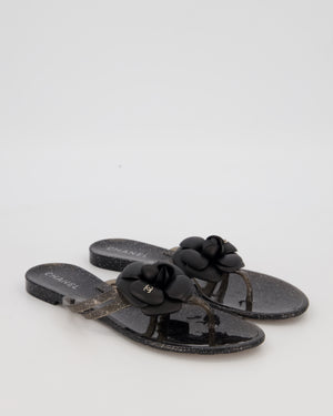 Chanel Black Camellia Flip Flops with Glitter Detail Size EU 39