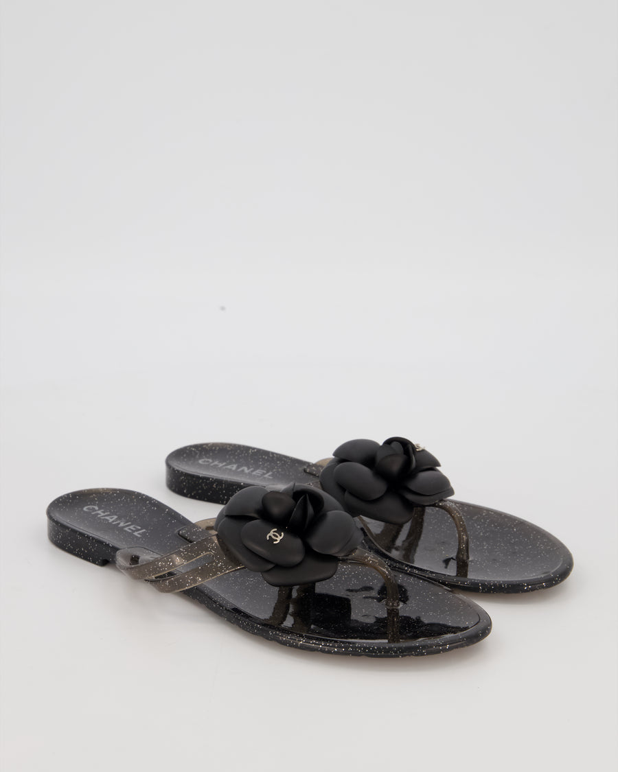 Chanel Black Camellia Flip Flops with Glitter Detail Size EU 39