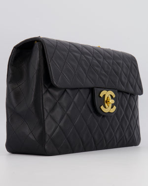 Chanel Vintage XL Maxi Single Flap Bag in Black Lambskin Leather with 24K Gold Hardware