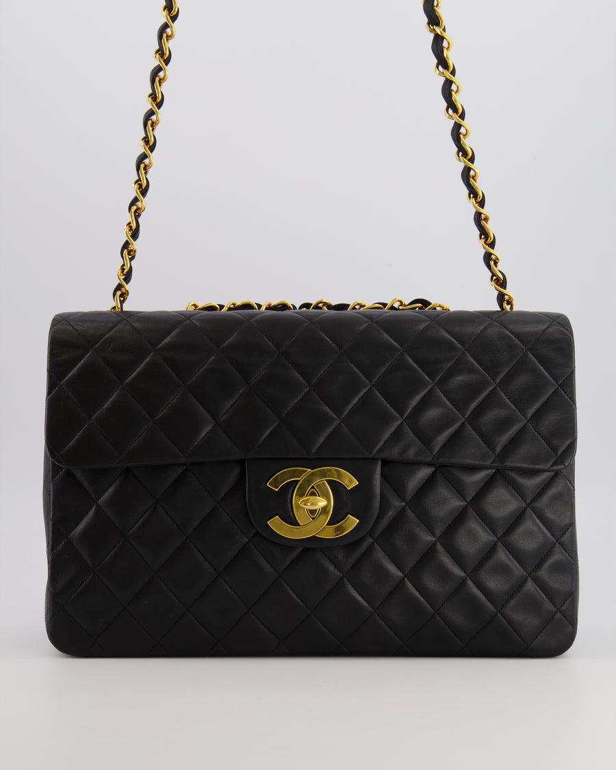 Chanel Vintage XL Maxi Single Flap Bag in Black Lambskin Leather with 24K Gold Hardware
