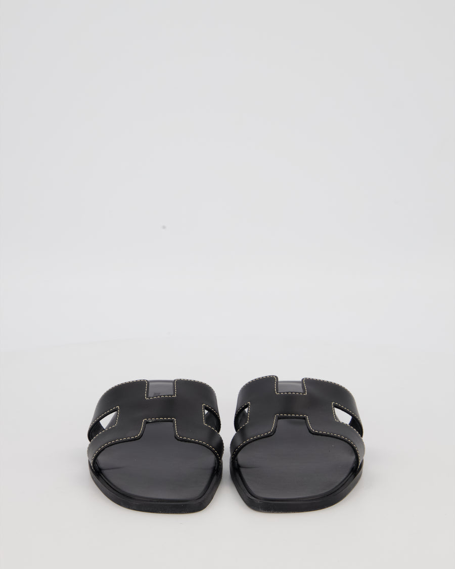 Hermès Oran Sandals in Noir Box Calf Leather Size EU 36.5