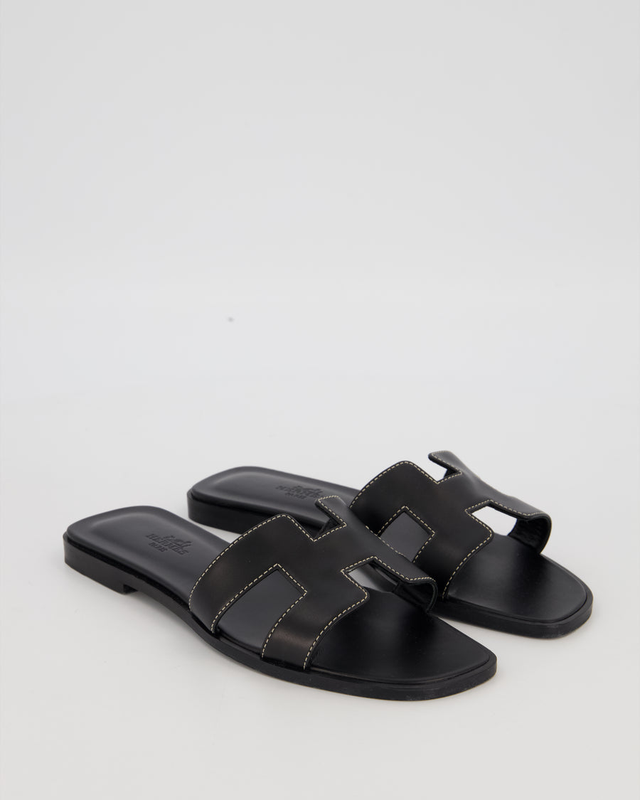 Hermès Oran Sandals in Noir Box Calf Leather Size EU 36.5