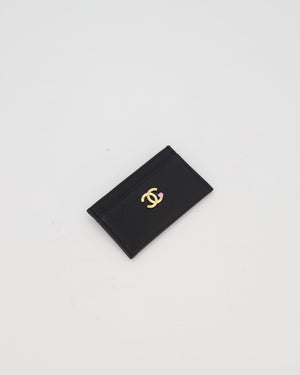 Chanel by Matthieu Blazy Black Small Grained Goatskin Card Holder with Gold Hardware and Pink Enamel Apple Motif