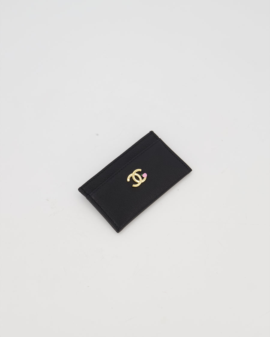 Chanel by Matthieu Blazy Black Small Grained Goatskin Card Holder with Gold Hardware and Pink Enamel Apple Motif