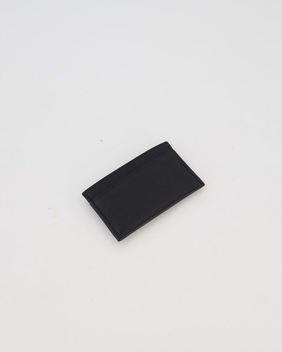 Chanel by Matthieu Blazy Black Small Grained Goatskin Card Holder with Gold Hardware and Pink Enamel Apple Motif
