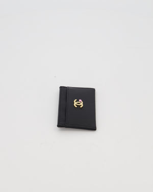 Chanel by Matthieu Blazy Black Small Grained Goatskin Card Holder with Gold Hardware and Pink Enamel Apple Motif