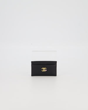 Chanel by Matthieu Blazy Black Small Grained Goatskin Card Holder with Gold Hardware and Pink Enamel Apple Motif
