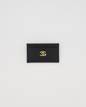 Chanel by Matthieu Blazy Black Small Grained Goatskin Card Holder with Gold Hardware and Pink Enamel Apple Motif