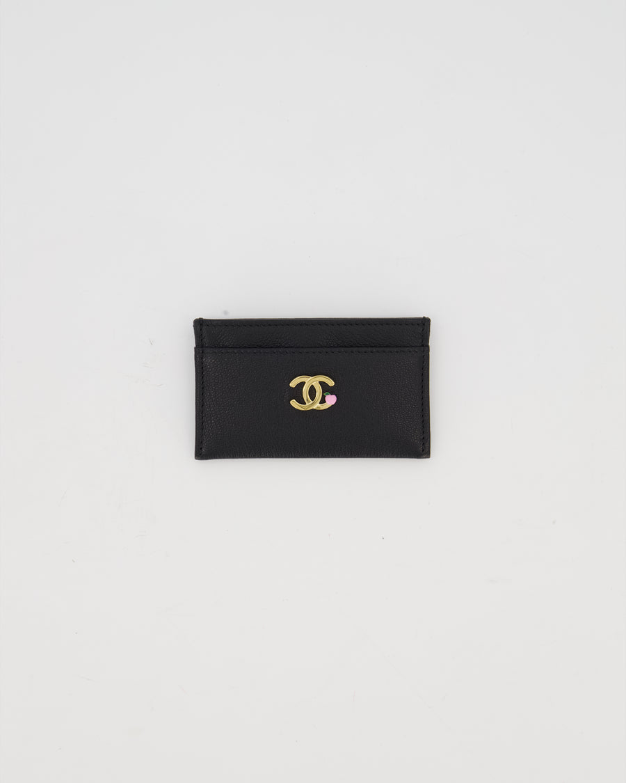 Chanel by Matthieu Blazy Black Small Grained Goatskin Card Holder with Gold Hardware and Pink Enamel Apple Motif