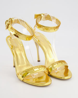 Schiaparelli Measuring Tape Heeled Sandals in Metallic Gold Calfskin Leather with Buckle Ankle Strap Detail Size EU 41