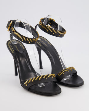 Schiaparelli Measuring Tape Heeled Sandals in Black Calfskin Leather with Gold Detail Buckle Ankle Strap Size EU 41