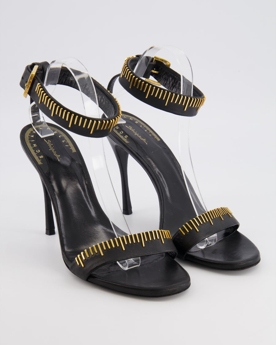 Schiaparelli Measuring Tape Heeled Sandals in Black Calfskin Leather with Gold Detail Buckle Ankle Strap Size EU 41