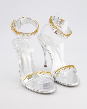 Schiaparelli Measuring Tape Heeled Sandals in Metallic Silver Calfskin Leather with Gold Metal Detail Buckle Ankle Strap Size EU 41