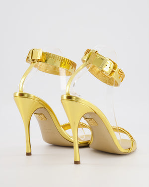 Schiaparelli Measuring Tape Heeled Sandals in Metallic Gold Calfskin Leather with Buckle Ankle Strap Detail Size EU 41